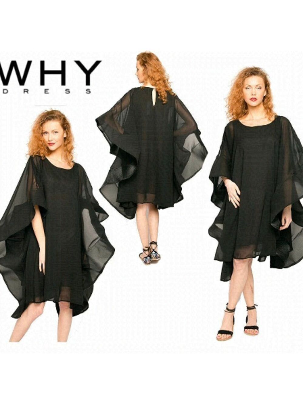 WHY DRESS Black chiffon butterfly sleeve dress SzL